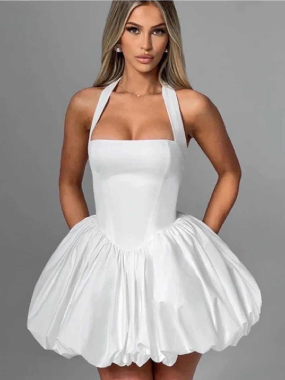 Babyboo White Halter Maricia Bubble Mini Dress - Elegant Party Short Dress